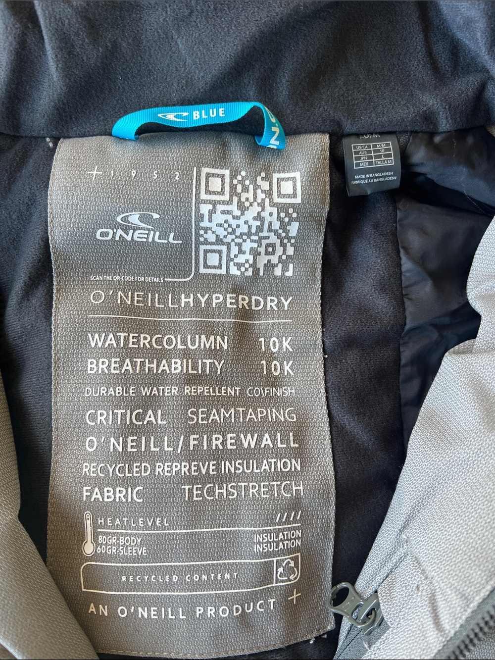 O'Neill Men's Hyperdry Ski Jacket in Gray with Blue Pull Tab